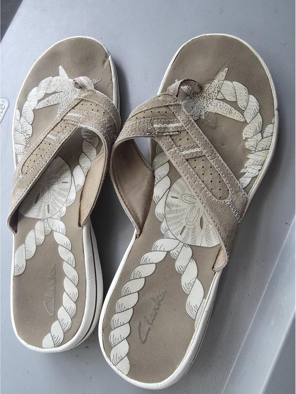 Clarks Cloudsteppers Brinkley Jazz Flip Flops - Tan/Olive Floral - Size 10